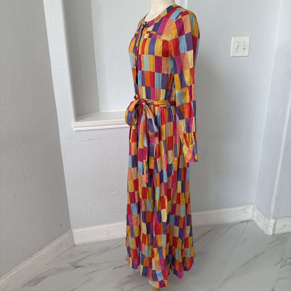 Maxi Dress M Colorblock Rainbow Belted Boho 80s Artsy Mod‎ Festival - Picture 7 of 14
